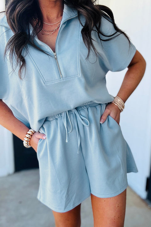 Active Half Zip Loose Short Sleeve Sweatshirt Short Sets