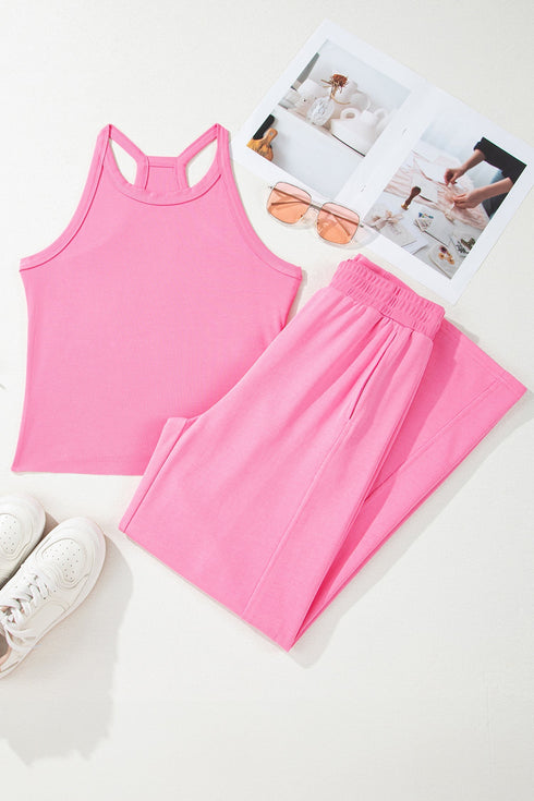 Active Solid Ribbed Tank Wide Leg Sweatpants Pant Set