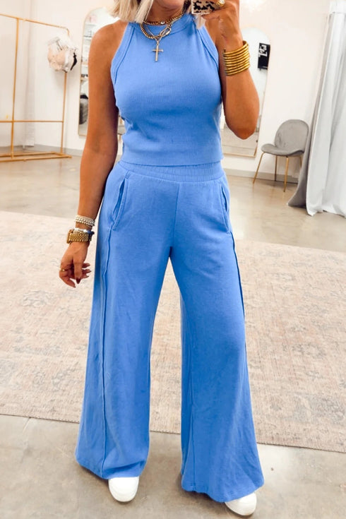 Active Solid Ribbed Tank Wide Leg Sweatpants Pant Set