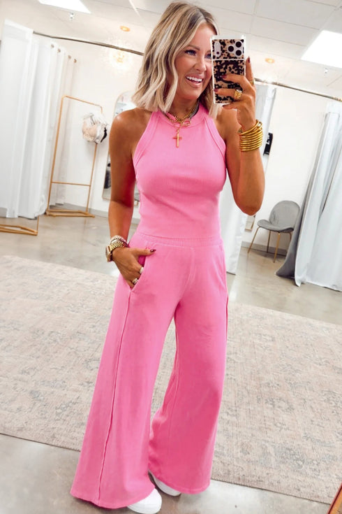 Active Solid Ribbed Tank Wide Leg Sweatpants Pant Set