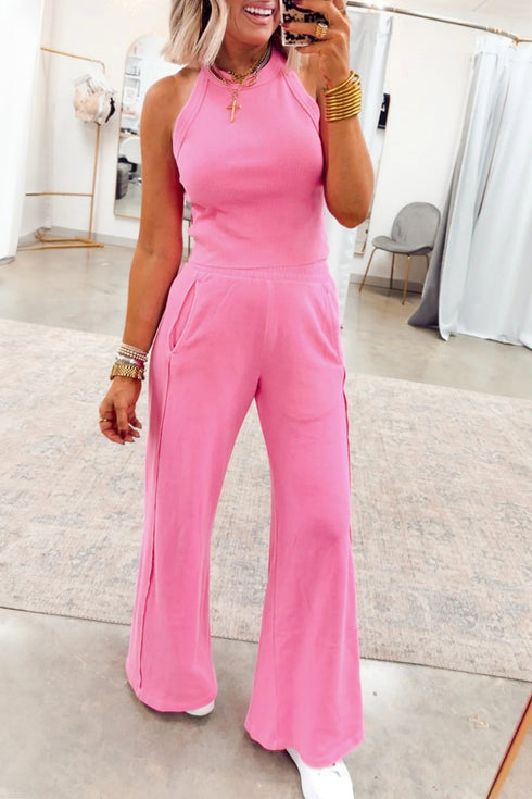 Active Solid Ribbed Tank Wide Leg Sweatpants Pant Set