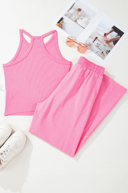 Active Solid Ribbed Tank Wide Leg Sweatpants Pant Set