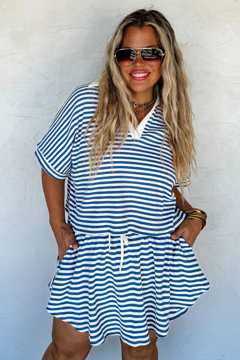 Active Stripe Collared V Neck Top Plus Size Skort Set