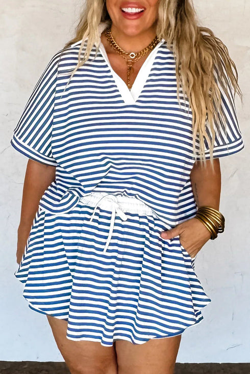 Active Stripe Collared V Neck Top Plus Size Skort Set