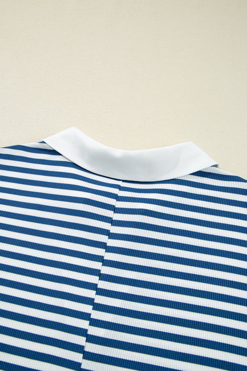 Active Stripe Collared V Neck Top Plus Size Skort Set