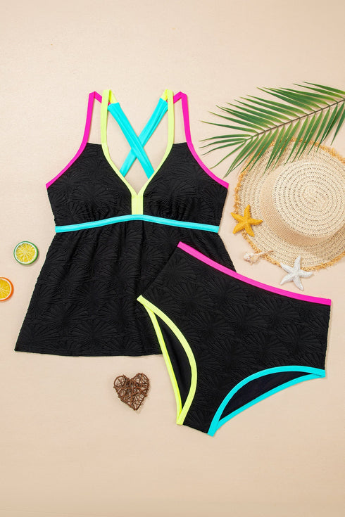 Active Textured Floral V Neck Crisscross Backless Tankini