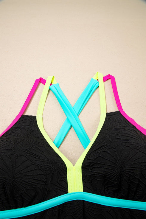 Active Textured Floral V Neck Crisscross Backless Tankini