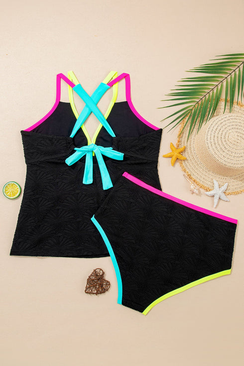 Active Textured Floral V Neck Crisscross Backless Tankini