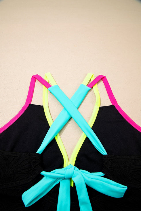 Active Textured Floral V Neck Crisscross Backless Tankini