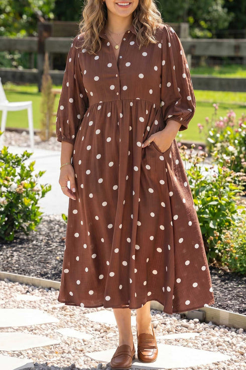 Polka Dot V Neck Front Pocket Gathered Cuffs Long Sleeve Shift Midi Dress