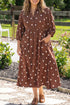 Polka Dot V Neck Front Pocket Gathered Cuffs Long Sleeve Shift Midi Dress