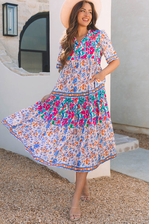 Mixed Floral Print Tie Split Neck Short Sleeve Dress