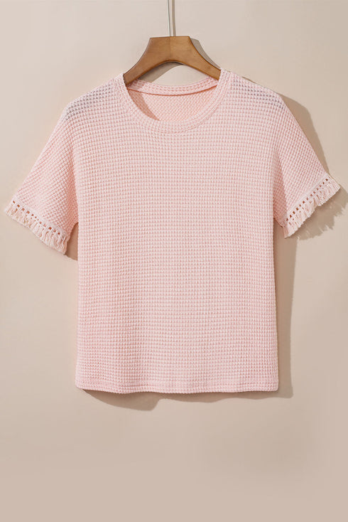 Solid Waffle Knit Fringe Trim Textured Short Set