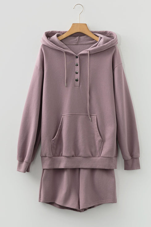 Button Drawstring Hooded Pullover Casual Short Set