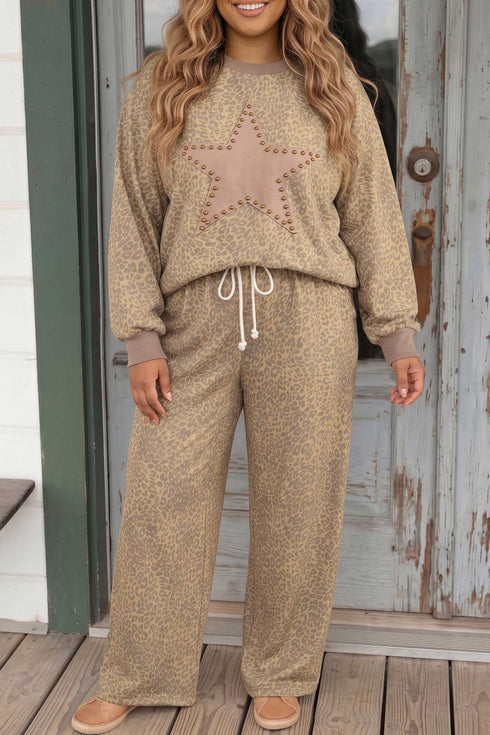 Leopard Star Patch Long Sleeve Drawstring Lounge Set