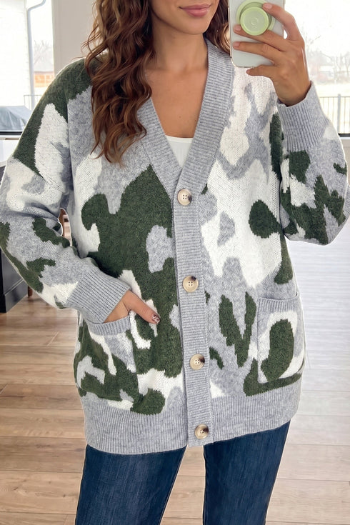 Camouflage Drop Shoulder V Neck Button Front Cardigan
