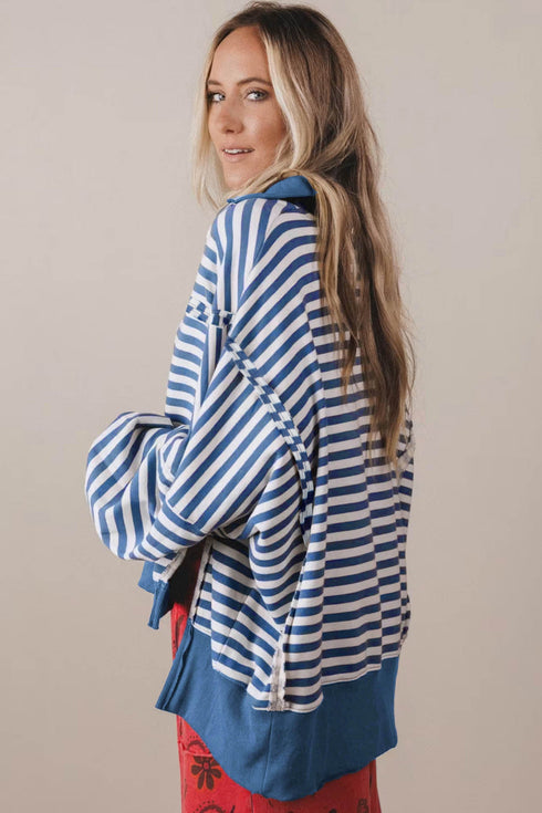 Striped Trim Raw Seam Split Hem Loose Pullover Sweatshirt