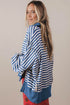 Striped Trim Raw Seam Split Hem Loose Pullover Sweatshirt