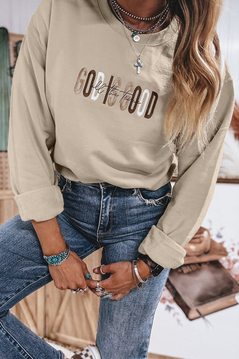 God Is Good Western Embroidered Letter Crewneck Pullover Sweatshirt