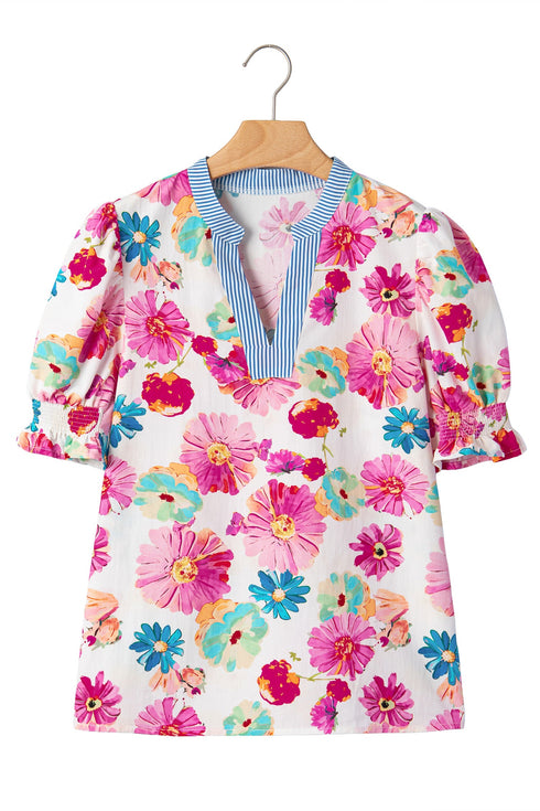 Floral Print Short Puff Sleeve Striped Trim V Neck Blouse