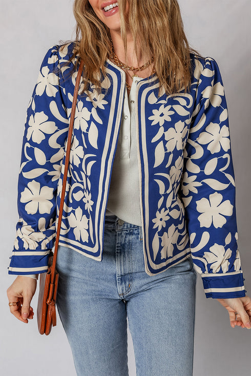 Bohemian Floral Print Open Front Buttoned Cuff Jacket
