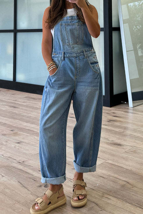 Adjustable Buckle Bib Pocket Barrel Leg Denim Overalls