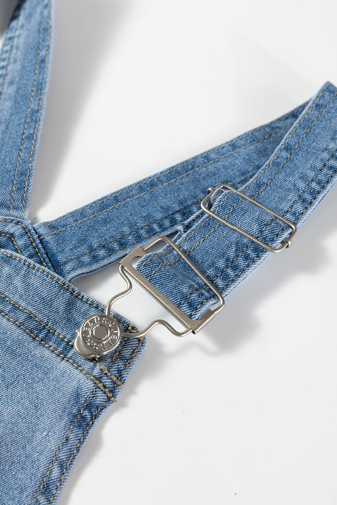 Adjustable Buckle Wide Leg Denim Barrel Jumpsuit