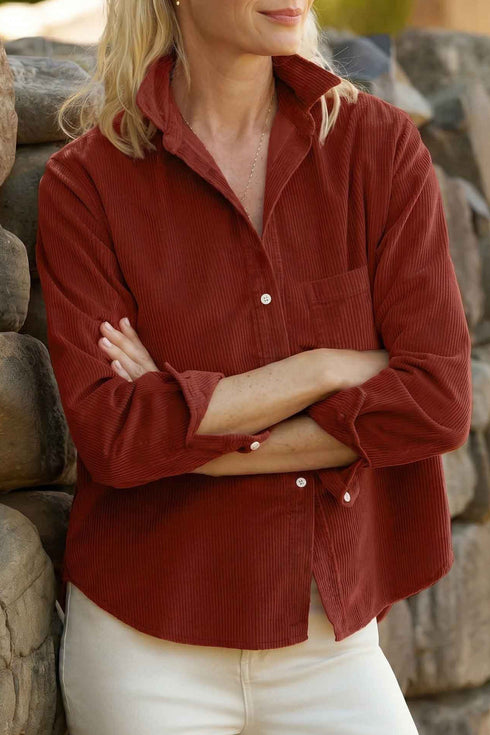 Adjustable Cuff Long Sleeve Plain Corduroy Shirt