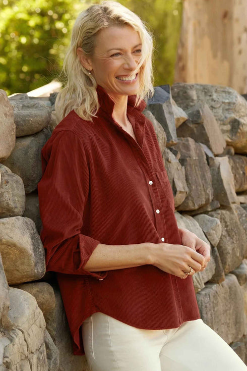 Adjustable Cuff Long Sleeve Plain Corduroy Shirt