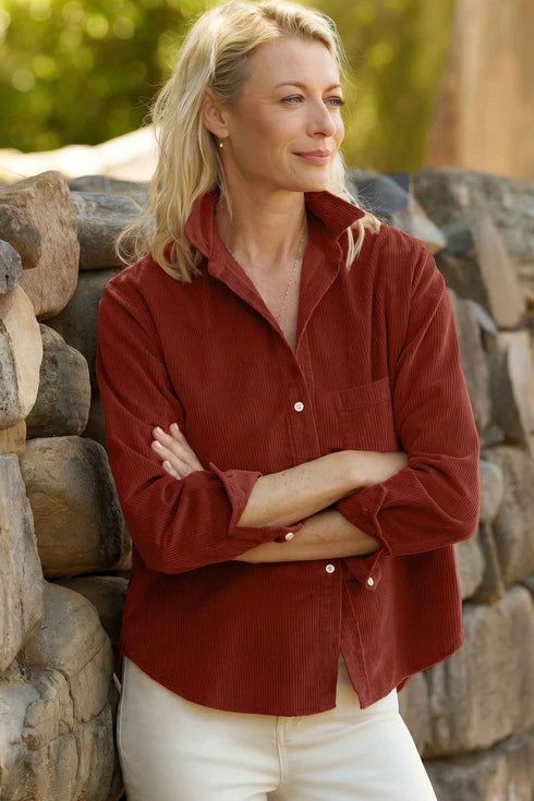 Adjustable Cuff Long Sleeve Plain Corduroy Shirt