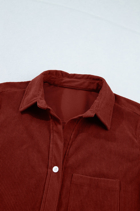 Adjustable Cuff Long Sleeve Plain Corduroy Shirt