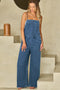 Adjustable Tie Strap Cropped Wide Leg Denim Jumpsuit