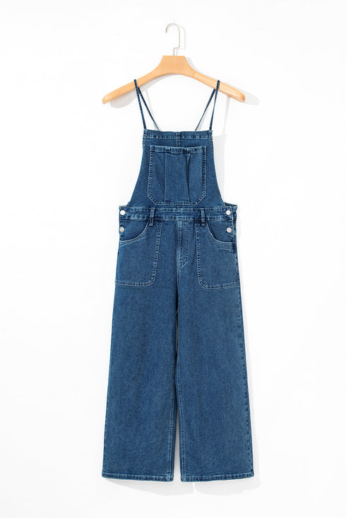 Adjustable Tie Strap Cropped Wide Leg Denim Jumpsuit