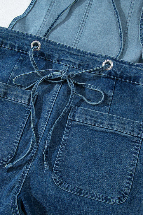 Adjustable Tie Strap Cropped Wide Leg Denim Jumpsuit