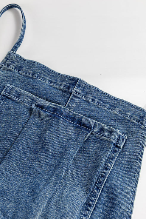 Adjustable Tie Strap Cropped Wide Leg Denim Jumpsuit