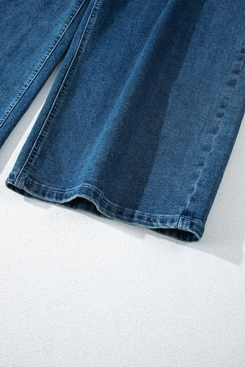 Adjustable Tie Strap Cropped Wide Leg Denim Jumpsuit