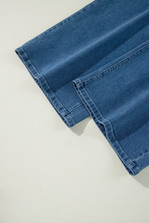 Adjustable Tie Strap Cropped Wide Leg Denim Jumpsuit