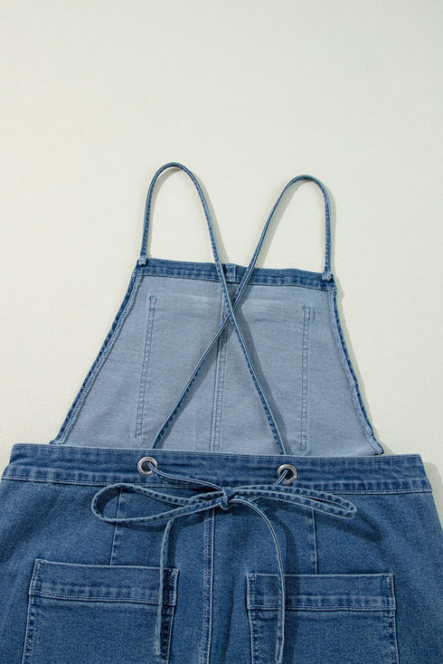 Adjustable Tie Strap Cropped Wide Leg Denim Jumpsuit