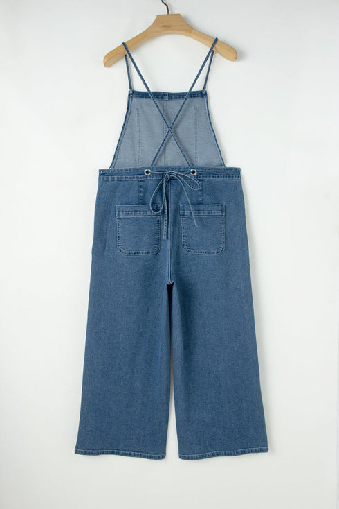 Adjustable Tie Strap Cropped Wide Leg Denim Jumpsuit