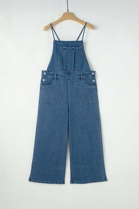 Adjustable Tie Strap Cropped Wide Leg Denim Jumpsuit