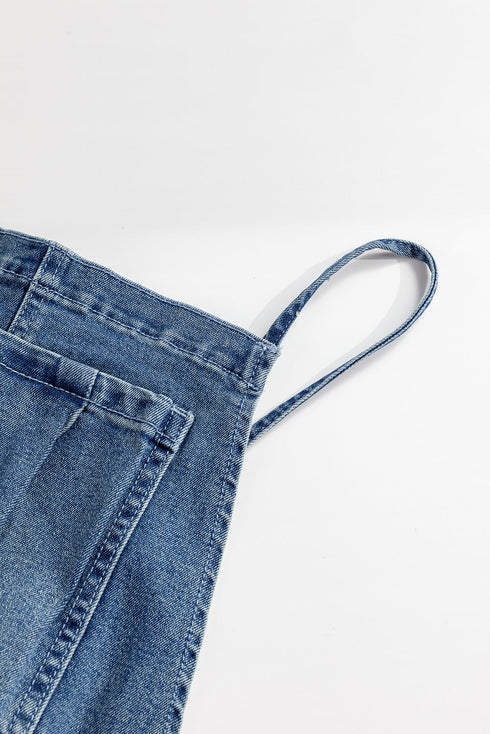 Adjustable Tie Strap Cropped Wide Leg Denim Jumpsuit