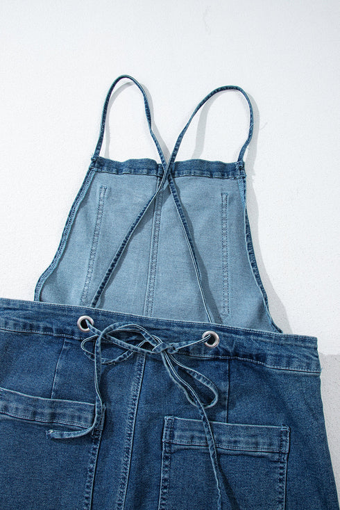 Adjustable Tie Strap Cropped Wide Leg Denim Jumpsuit