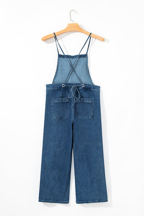 Adjustable Tie Strap Cropped Wide Leg Denim Jumpsuit