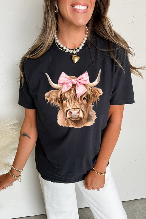 Adorable Highland Cow Graphic Print Casual Tee