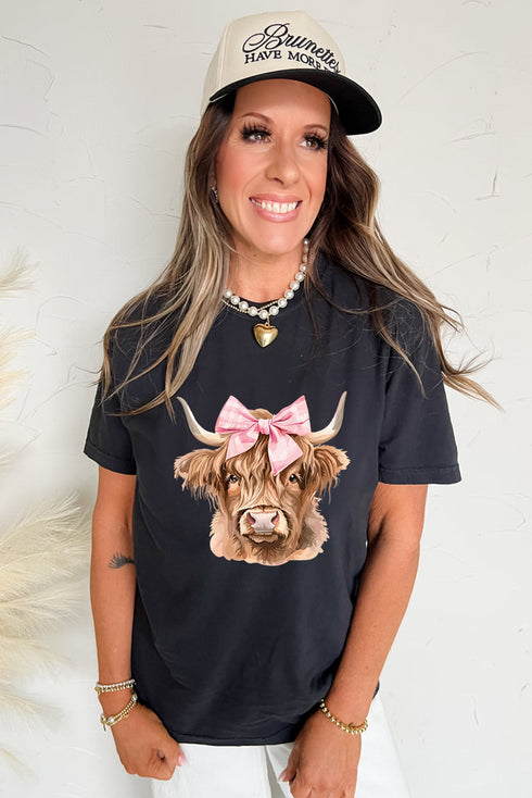 Adorable Highland Cow Graphic Print Casual Tee