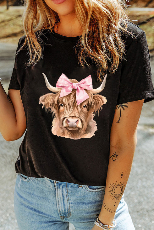Adorable Highland Cow Graphic Print Casual Tee