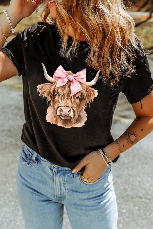 Adorable Highland Cow Graphic Print Casual Tee