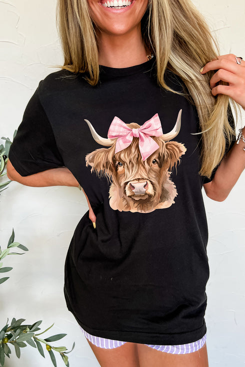 Adorable Highland Cow Graphic Print Casual Tee