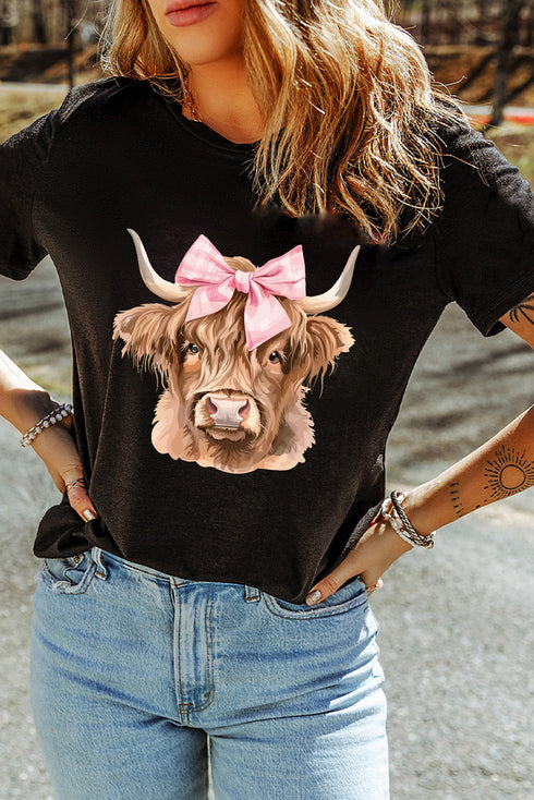Adorable Highland Cow Graphic Print Casual Tee