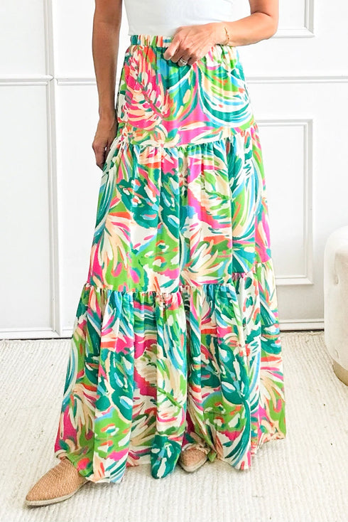 Bohemian Abstract Print High Waist Tiered Maxi Skirt